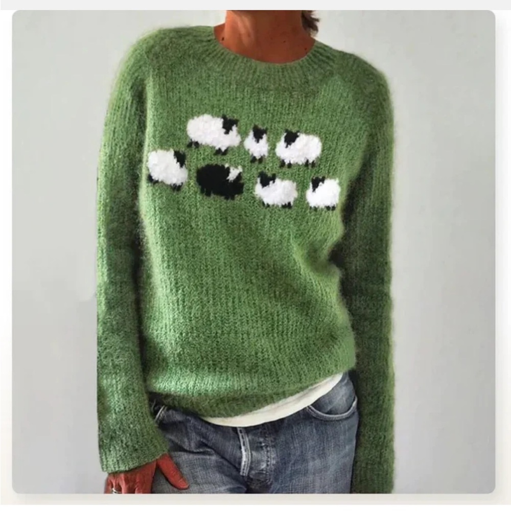 Charming Green Sheep Pattern Crew Neck Sweater - image 1